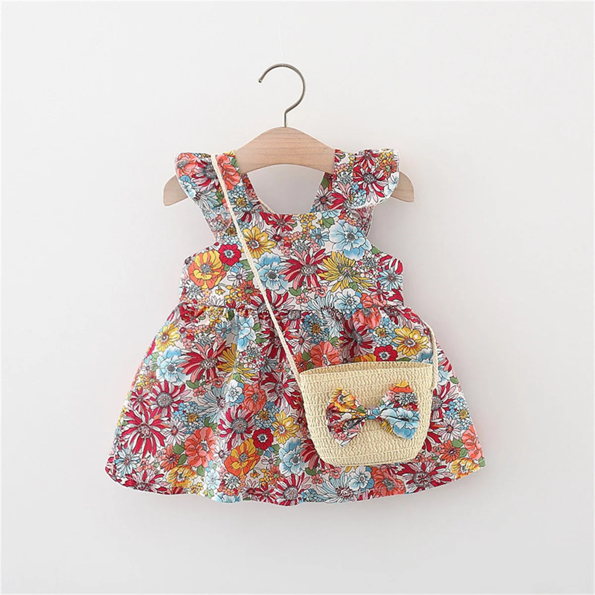 2 Pcs Summer New Baby Girl Dress Fashionable Floral Fly Sleeve Cotton Dress with Crossbody Bag Suitable for Babies Aged 0-3