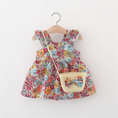 2 Pcs Summer New Baby Girl Dress Fashionable Floral Fly Sleeve Cotton Dress with Crossbody Bag Suitable for Babies Aged 0-3