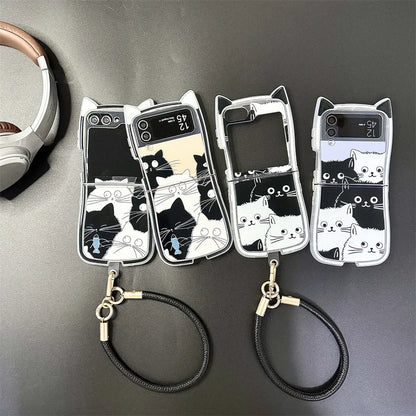 Cartoon Cat Ears Leather Wrist Strap Case For Samsung Galaxy Z Flip 6 5 Flip 4 3 Hand Rope Cute Ins Bracelet Shockproof Cover