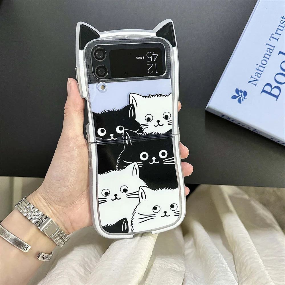 Cartoon Cat Ears Leather Wrist Strap Case For Samsung Galaxy Z Flip 6 5 Flip 4 3 Hand Rope Cute Ins Bracelet Shockproof Cover