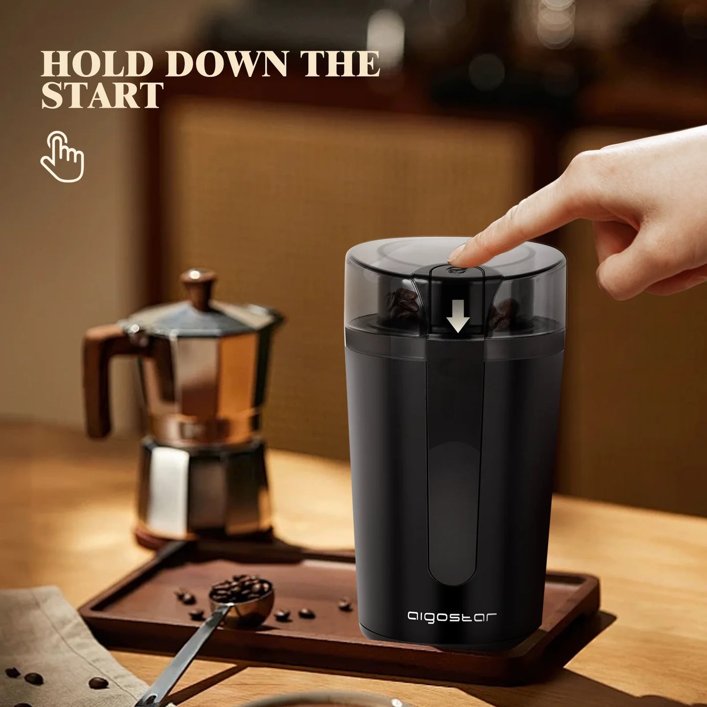 Electric Coffee Grinder with Stainless Steel Blade, Capacity 60Gr, Coffee Grinder for Spices, Seeds, Grains, Nuts, with Cleaning Brush, 200W, Black