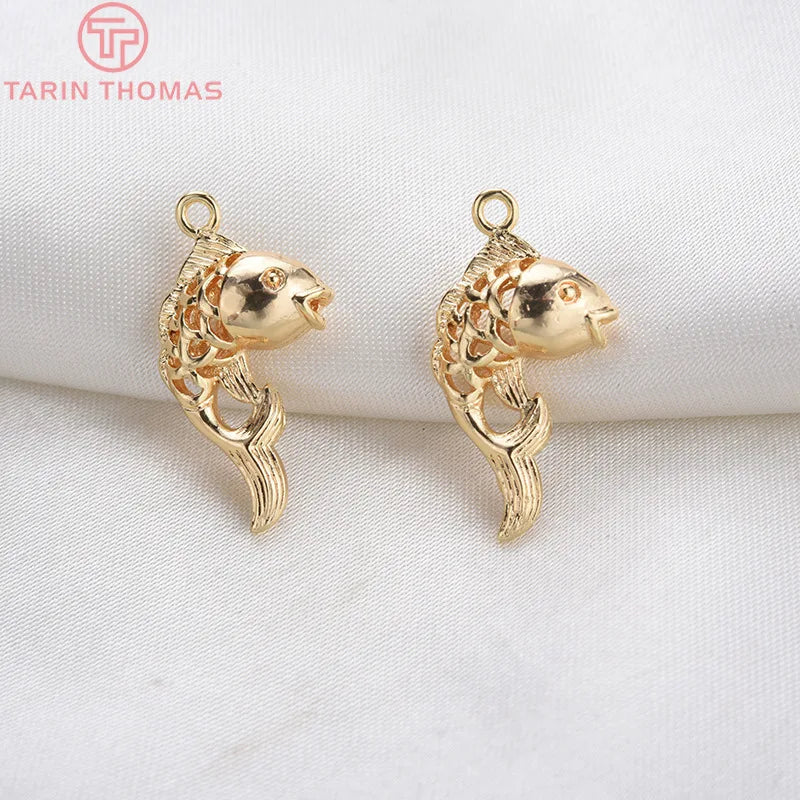 (129) 12x23MM 24K Gold Color Plated Brass Fish Charms Pendants High Quality Jewelry Accessories