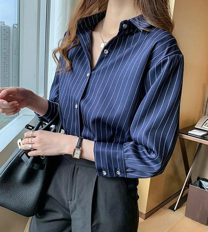 Striped Shirt Women Summer Vintage Chic Loose Long Sleeve Top Y2K Office Ladies Fashion Casual Turn Down Collar All Match Blouse