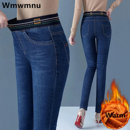 Winter Plush Velvet Lined Pencil Jeans Women Thicken Skinny High Waist Denim Pants Warm Big Size 36 Stretch Kot Pantolon Stretch