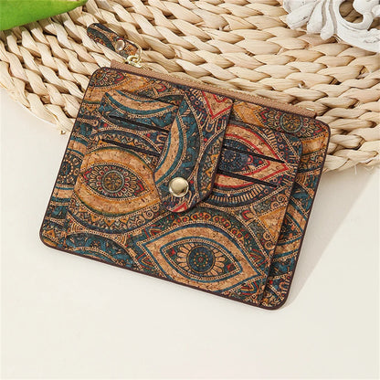 Retro Printed Card Holder Wallet For Woman Multi-Slot Card Case Cork Ultra Thin Zipper Coin Purse Small Change Pocket Pouch