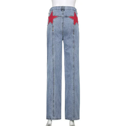 Harajuku Leopard Print Five pointed Star Pattern Blue Loose Jeans American Jeans Y2K Women Retro High-waisted Slim Trousers