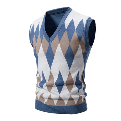 New Knitted Thread Men's Fashion Embroidery Color Matching V-neck Sleeveless Sweater Casual Lining Vest Men's Top