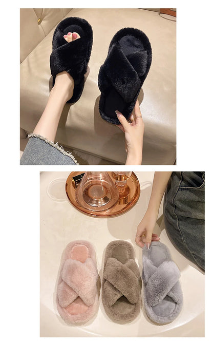 Casual Fluffy Slippers Women House Flats Plush Designer Platform Winter Shoes Girls Elegant Warm Home Fashion Popular Footwear