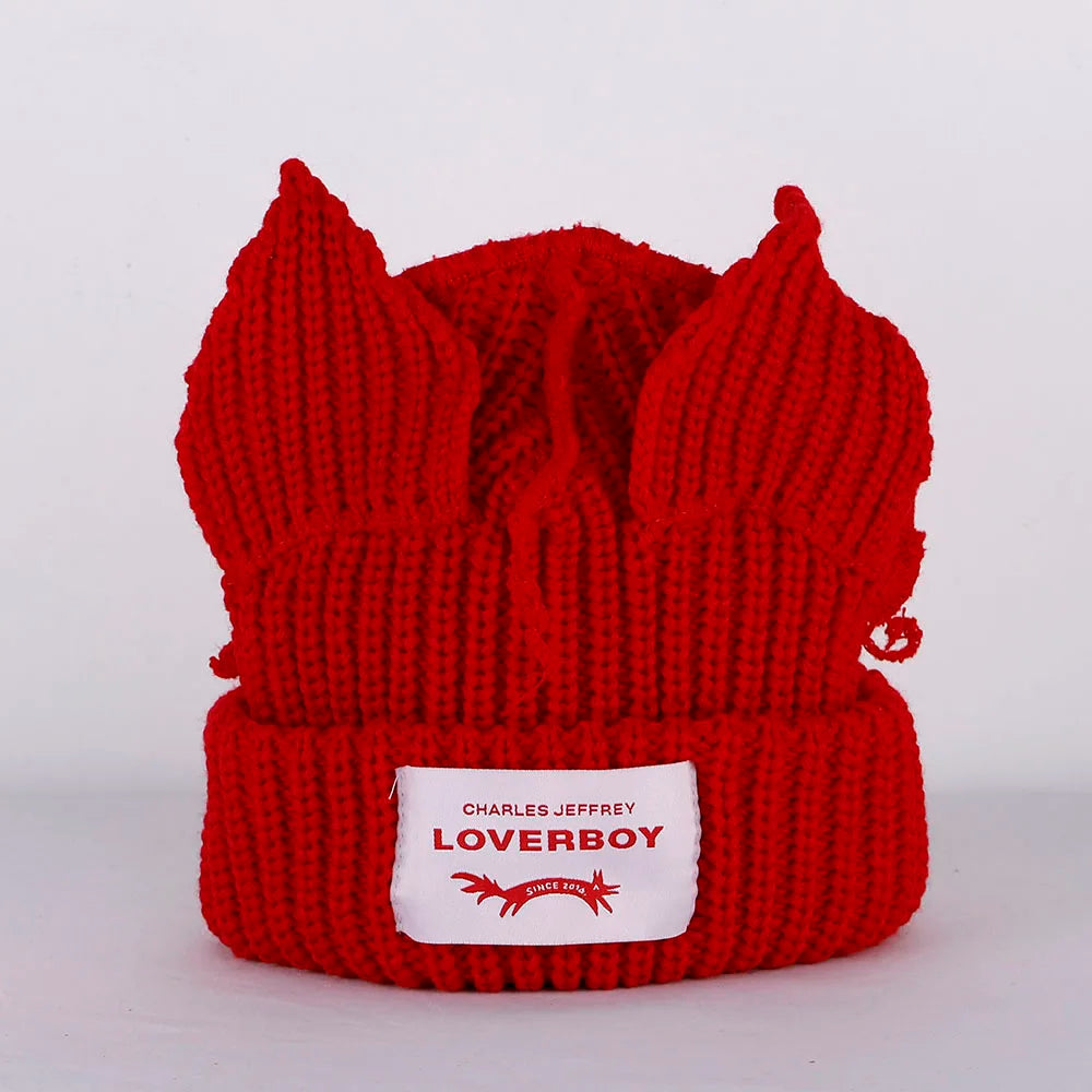 2023 Loverboy Cat Ear Knit Hat solid Warm Pig Ear Woolen Hat Cute Fashion Hooded Cap Niche Design Hip-hop Personality Cold Hat