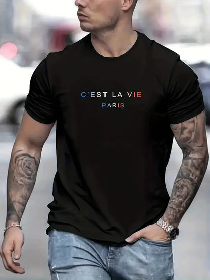 Men's Summer Loose Fit  100 Polyester cest La Vie PrintT-shirt Tops