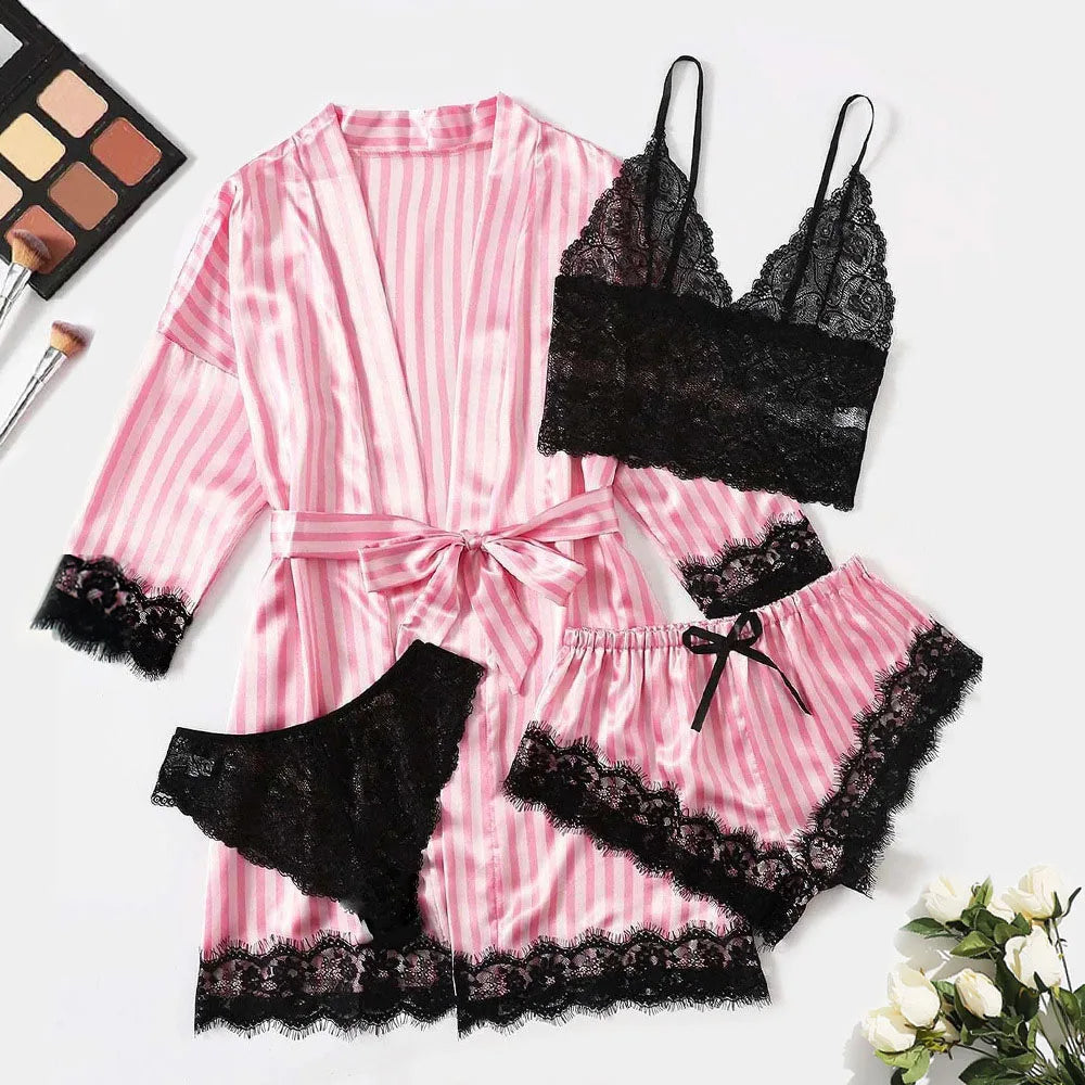 Women's Satin Pajama Set 4pcs Floral Lace Trim Cami Lingerie Sleepwear with Robe Sleepwear Lace Cami Shorts Loungewear Pink