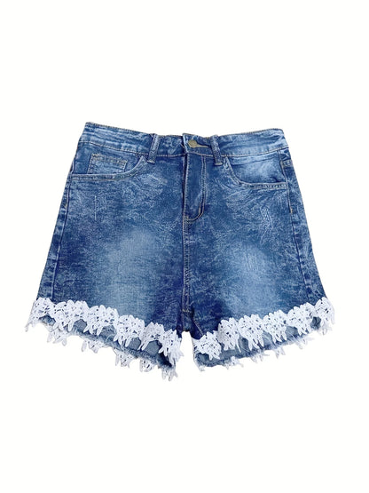 Blue Lace Decor Denim Shorts, High-Stretch Slash Pockets Casual Short Denim Pants, Aesthetic Coquette Fairy Core Style, Women's