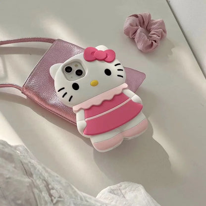 Sanrio Hello Kitty Cartoon 3D Bow Skirt Phone Case For iPhone 15 14 13 Pro Max 11 12 13 Pro Pink Girl Y2K Anti Fall Silicone