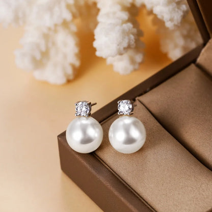 Trumium 10/12mm S925 Sterling Silver White Pearl Earrings for Women Zircon Stud Earring Fashion Jewelry Sweet Accessories