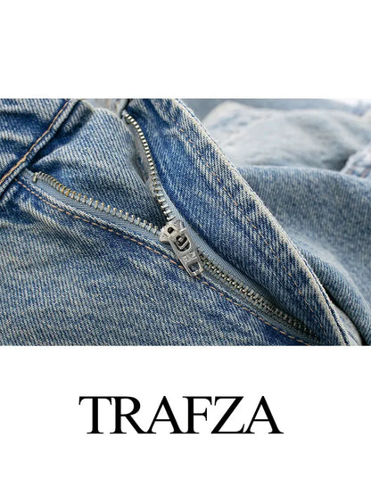 TRAFZA 2024 Women Fashion Solid Jeans Loose Zipper Fly Female Long Pants Commute Trousers Wild Streetwear Woman Wide Leg Pant