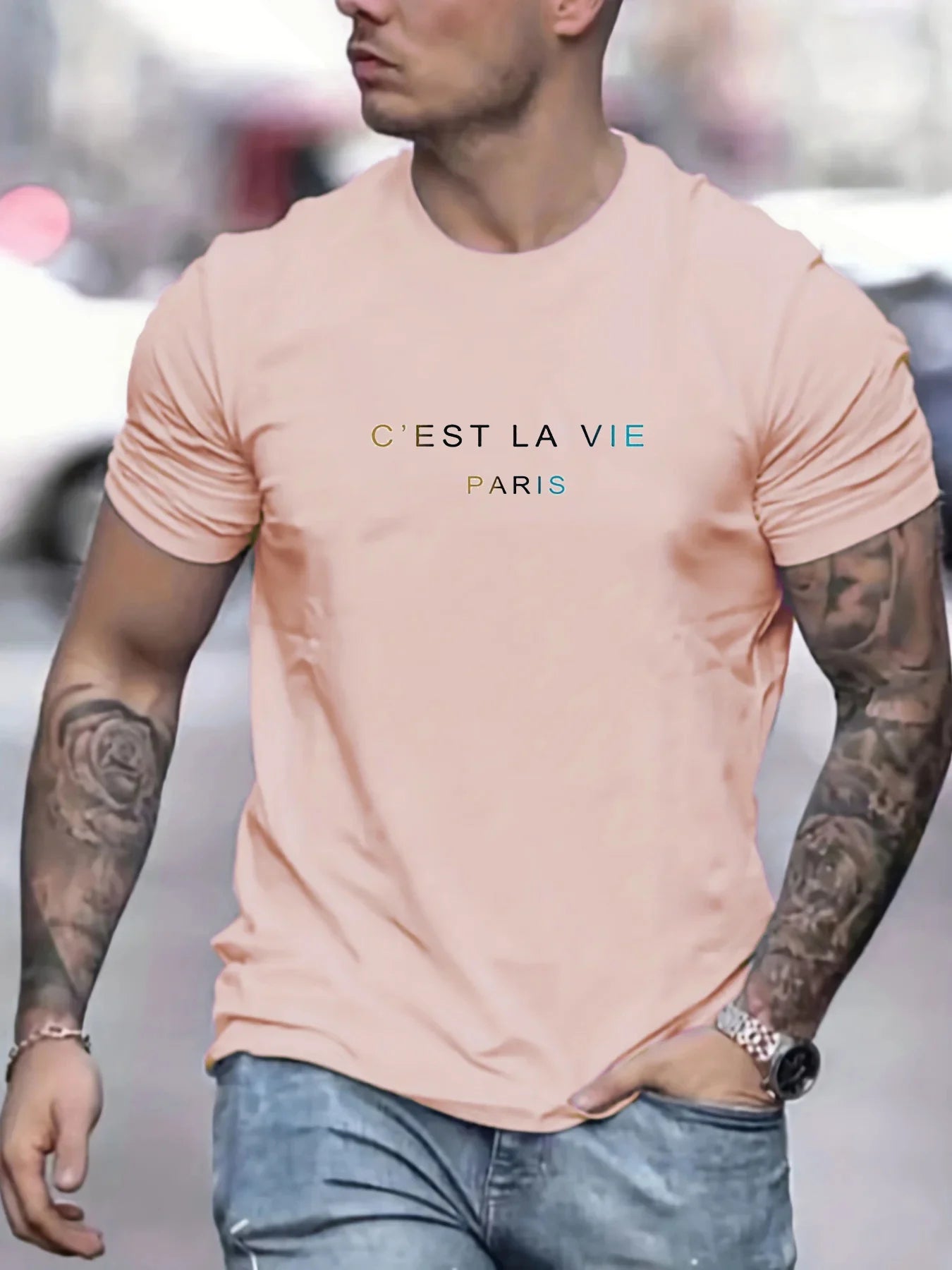 Men's Summer Loose Fit  100 Polyester cest La Vie PrintT-shirt Tops