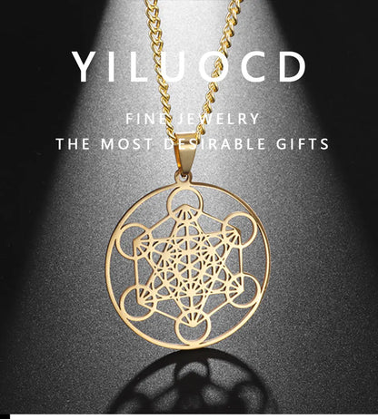 YILUOCD Vintage Metatron Cube Necklace 18k Gold Plated Sacred Geometry Powerful Protection Amulet Solomon Spiritual Jewelry