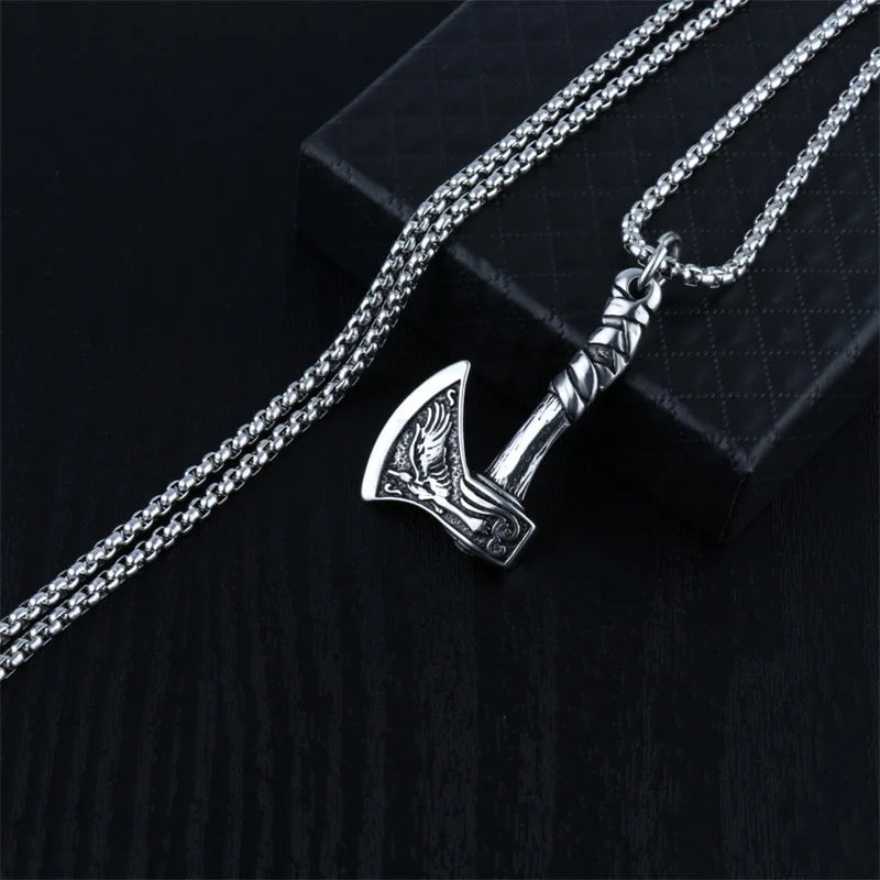 Nordic Viking Amulet Raven Wolf Head Axe Plus Celtic Axe Pendant Necklace Men's Punk Hip Hop Necklace Jewelry Gifts Trend 2022