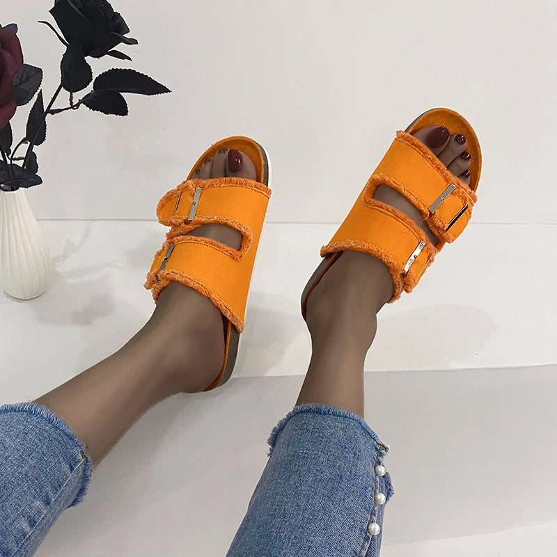 Women's Slippers Flat Bottom Slipper 2023 Summer New Line Slippers Large 43 Denim Leather Buckle Outside Sandals Sandalias