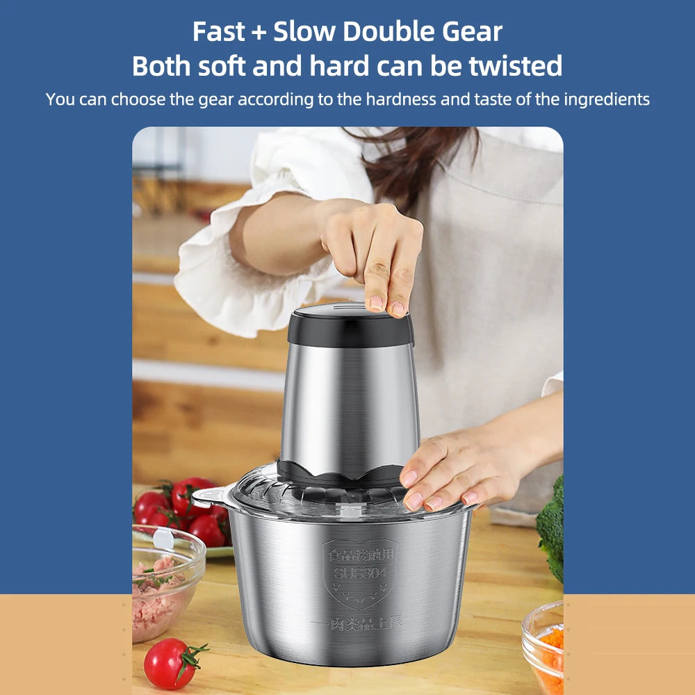 Electric Meat Grinder 3L Large Household Capacity Stainless Steel 2 Gears 300W High Power Kitchen Cooker Blender