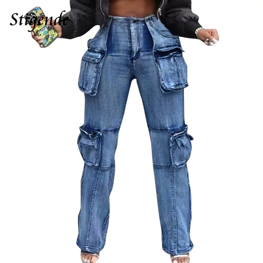 Stigende Wide Leg Multiple Pockets Jeans Women Cargo Denim Pants Y2k Streetwear Patchwork Stretch Straight Jeans