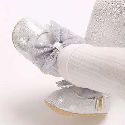 Silver Princess Shoes 0-18M Newborn Casual Shoes Baby Bow Non slip Cloth Bottom Flat Bottom PU Newborn Bow Decoration Mary Janes