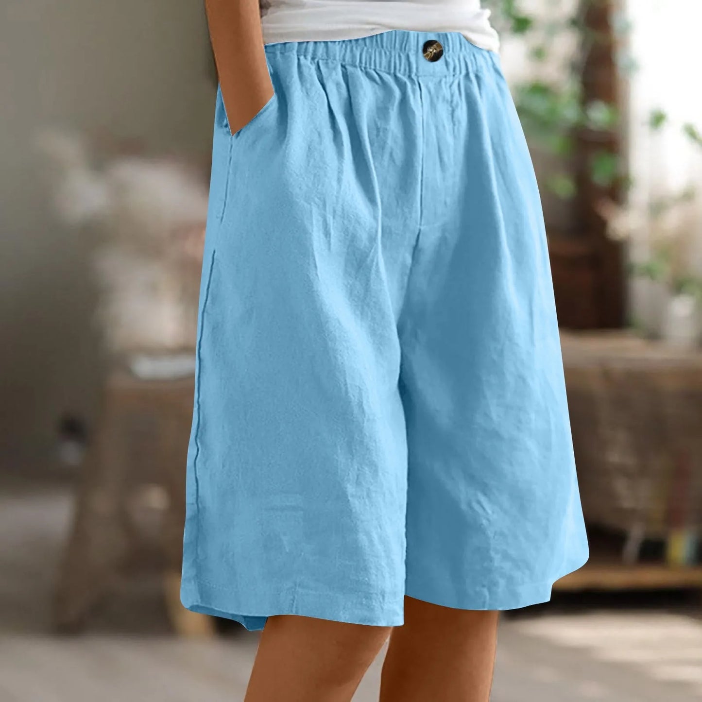 Women's Fashion Solid Color Pants Pocket Button Up Capris Loose Elastic Waist Cotton Linen Shorts