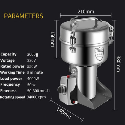 2000G Electric Grain Mill Grinder, Stainless Steel Pulverizer Powder Machine, for Dry Herbs Grains Spices Cereals Coffee Corn