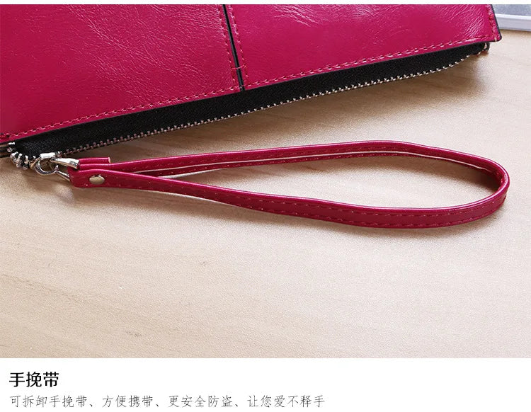 Women's Vintage Oil Wax Leather Zipper Clutch Wallet Female Large Capacity Coin Purse Ladies Wristband Simple Card Holder Wallet