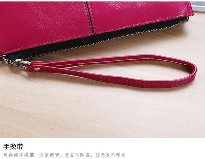 Women's Vintage Oil Wax Leather Zipper Clutch Wallet Female Large Capacity Coin Purse Ladies Wristband Simple Card Holder Wallet