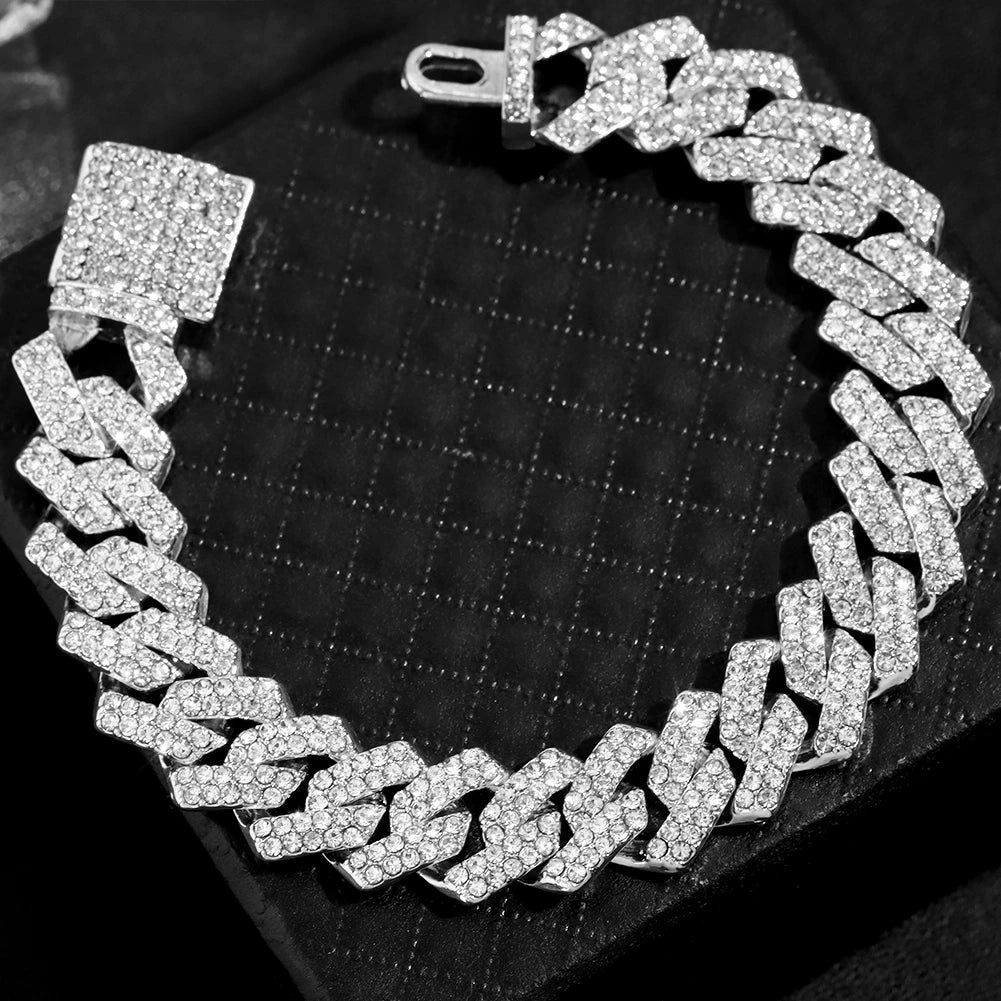 14MM Iced Prong Link Cuban Chain Bracelets for Men Women Full Rhinestones Chunky Miami Cuban Bracelet Punk Hip Hop Jewelry Gift