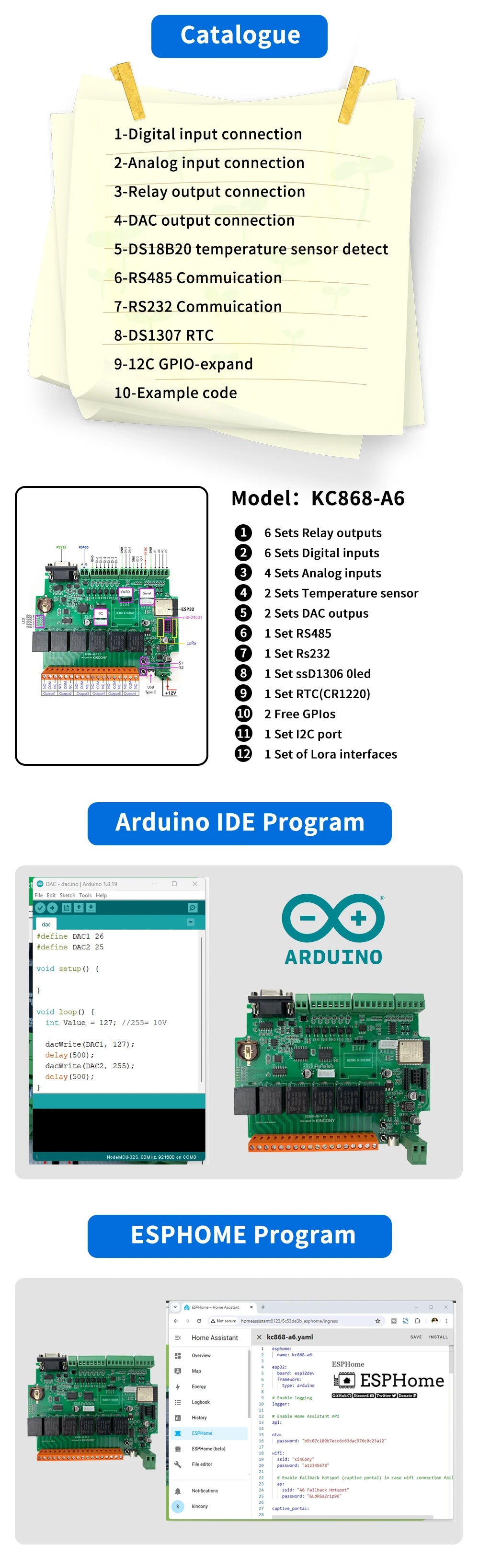 A6 Esphome Relay Board Enables ARDUINO IDE Programming and ESPhome Programming Provide All Kinds of Example Codes Support MQTT