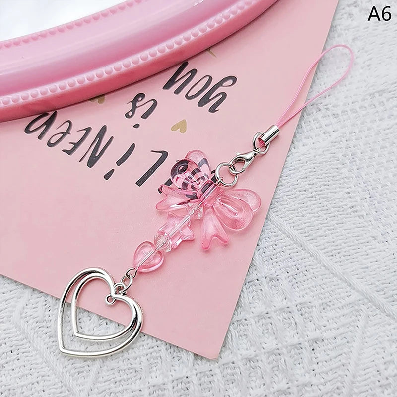 New Pink Y2K Phone Pendant Kawaii Women Love Bow Cartoon Charms Chain For Keys Bags Accessories Charms Phone Lanyard