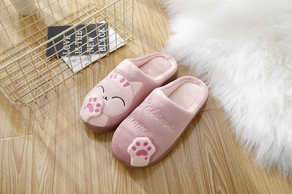 Women Home Slippers Winter Cartoon Cat Slippers Anti Slip Soft Warm Plush Indoor House Slippers Bedroom Couples Floor Shoes