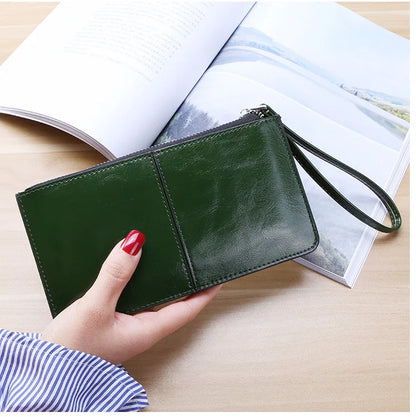 Women's Vintage Oil Wax Leather Zipper Clutch Wallet Female Large Capacity Coin Purse Ladies Wristband Simple Card Holder Wallet