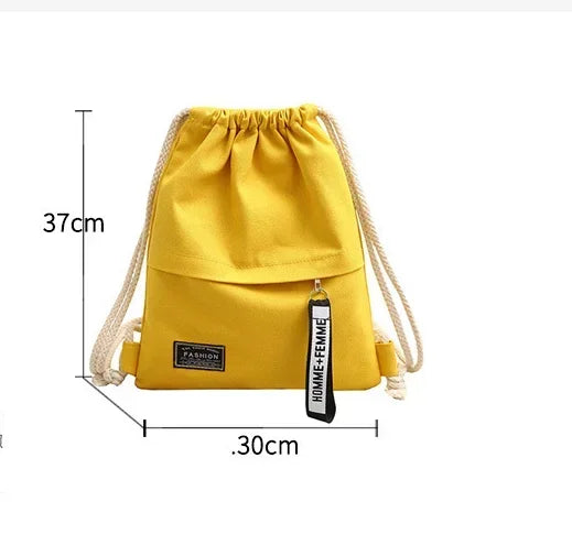 1 Pc Canvas School Bag Double Shoulder Drawstring Backpack Drawstring Pocket Portable Casual Backpack Women Men Travel Backpack