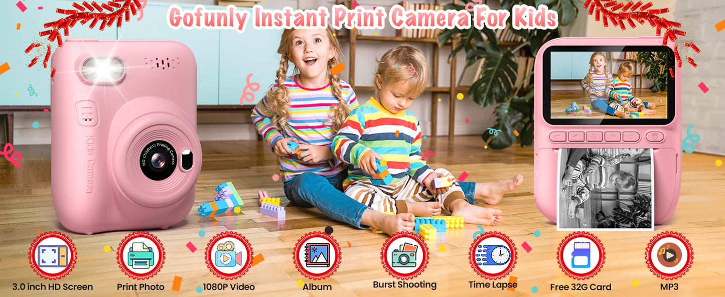 Instant Print Camera for Kids, 3.0" Kids Camera for 6-12 Year, 32MP HD 1080P Digital Camera with 3 Rolls of Printer Paper