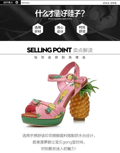 Summer Pink Pineapple Print Open-toe Platform Sandals Sweet Women High-heel Buckle Strappy Women Shoes Lovely Sandalias Mujer