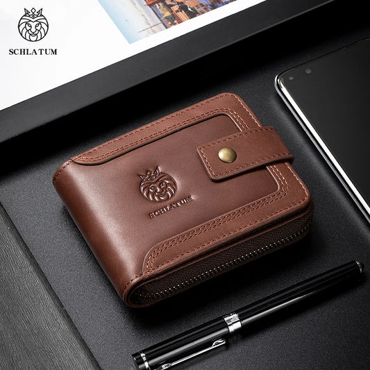 SCHLATUMThe first layer of cowhide RFID anti-theft brush leather wallet retro men's short horizontal money clip