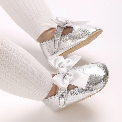 Silver Princess Shoes 0-18M Newborn Casual Shoes Baby Bow Non slip Cloth Bottom Flat Bottom PU Newborn Bow Decoration Mary Janes