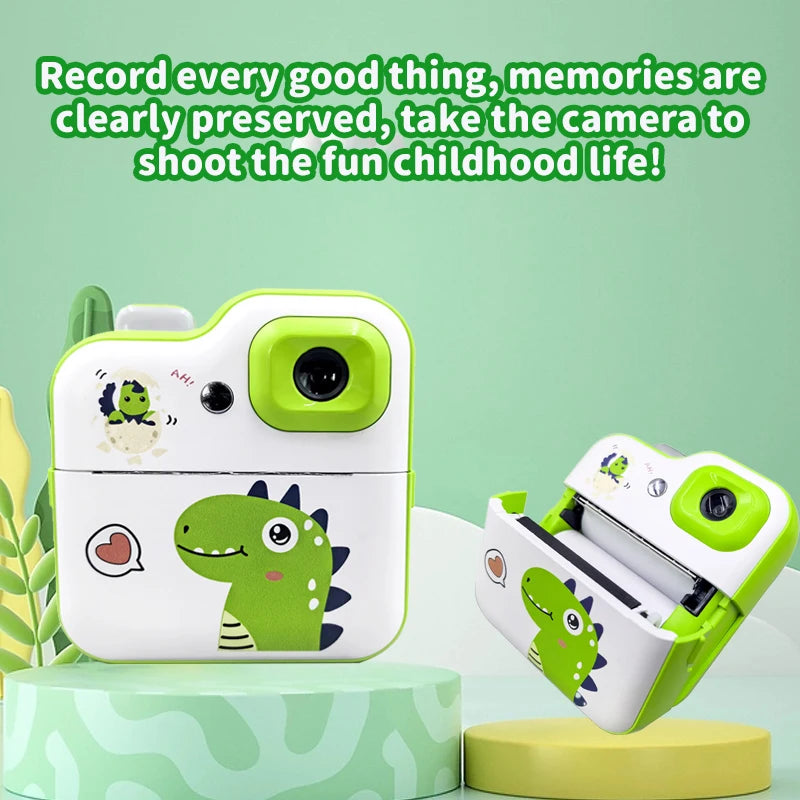 Cartoon Dinosaur Camera Toy Children Digital Camera Instant Thermal Print Camera Photo Printing Camera Video Toy+32G Memory Card