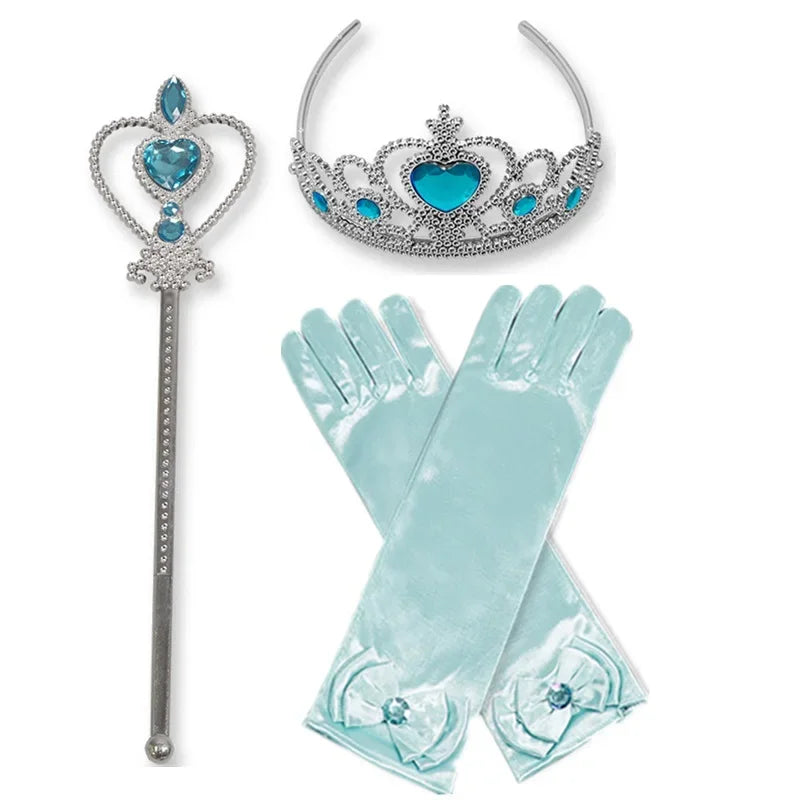 Girls Elsa Belle Princess Accessory Halloween Cosplay Fancy Dress Up Bow Gloves Crown Wand Neacklace Bracelet Set Birthday Gifts