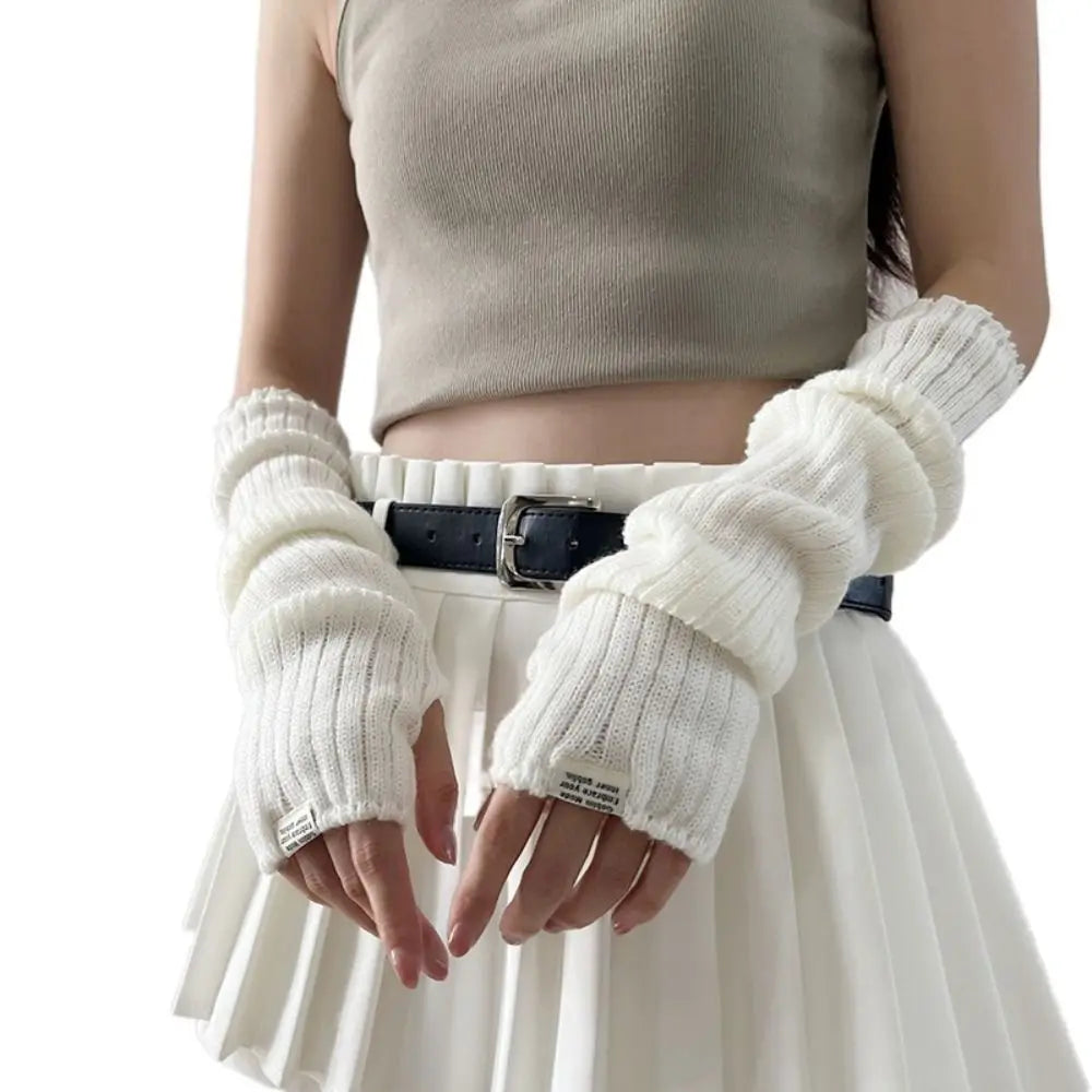 Fingerless Long Wrist Gloves Arm Warmers False Sleeves Knitted Gloves Finger Sleeves Cover Black White Half Finger Gloves