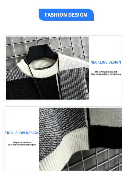 Half High Collar Color Blocking Warm Sweater High Quality Men Spring Autumn Slim Leisure Korean Long Sleeve Loose Knit Pullover