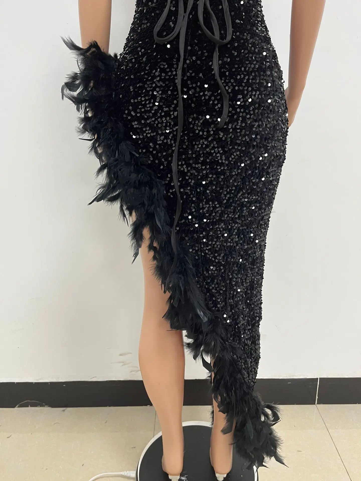 Women Evening Dresses Asymmetrical Shiny Sequins Feather Cocktail Party Dress Sexy Strapless Long Formal Prom Dresses Xiny189