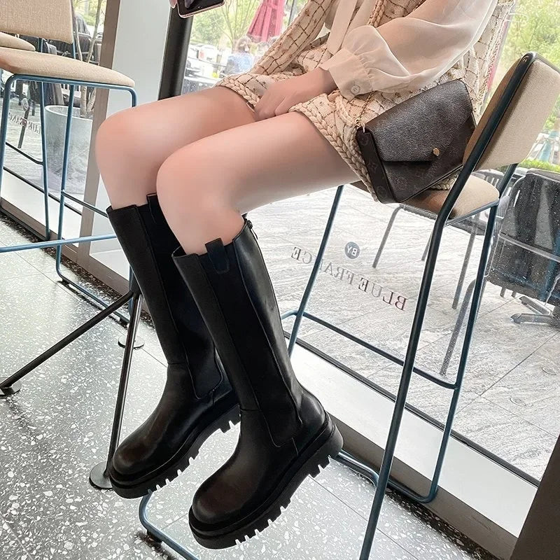 Ladies Shoes 2024 Knee-High Women's Boots Platform Modern Boots Women Sewing Round Toe Back Zip Med Heel Shoes Female Zapatos