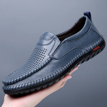 Breathable Genuine Leather Men Shoes Summer Slip On Loafers Men Casual Leather Shoes Blue Flats Hot Sale Driving Shoes Moccasins