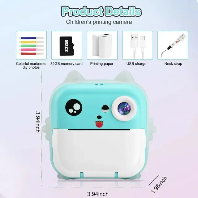 Digital Camera Toys Kids Instant Print Thermal Print Camera Instant Print Photo Video with 32G Memory Card Kids 1080P HD