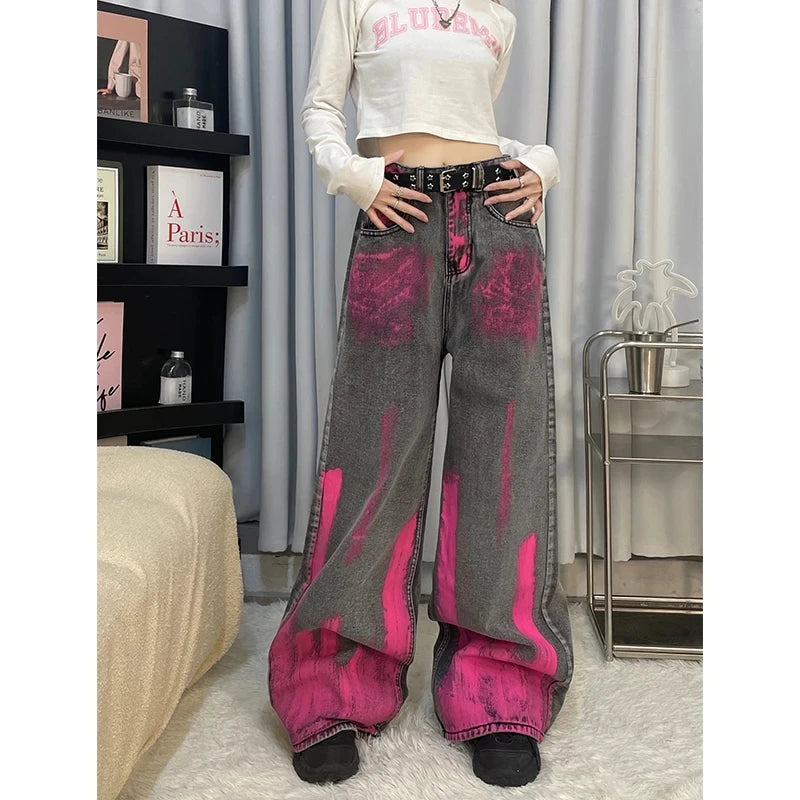 Women Black Gray Jeans Harajuku Vintage Y2k Baggy Tie-Dyed Denim Trousers Harajuku Cowboy Pants 90s Trashy Punk 2000s Clothes