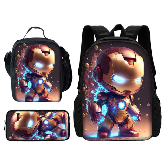 Cartoon Man M-Marvels Iron 3 pcs set Child School Backpack with Lunch Bags ,Pencil Bags School Bags for Boys Girls Best Gift